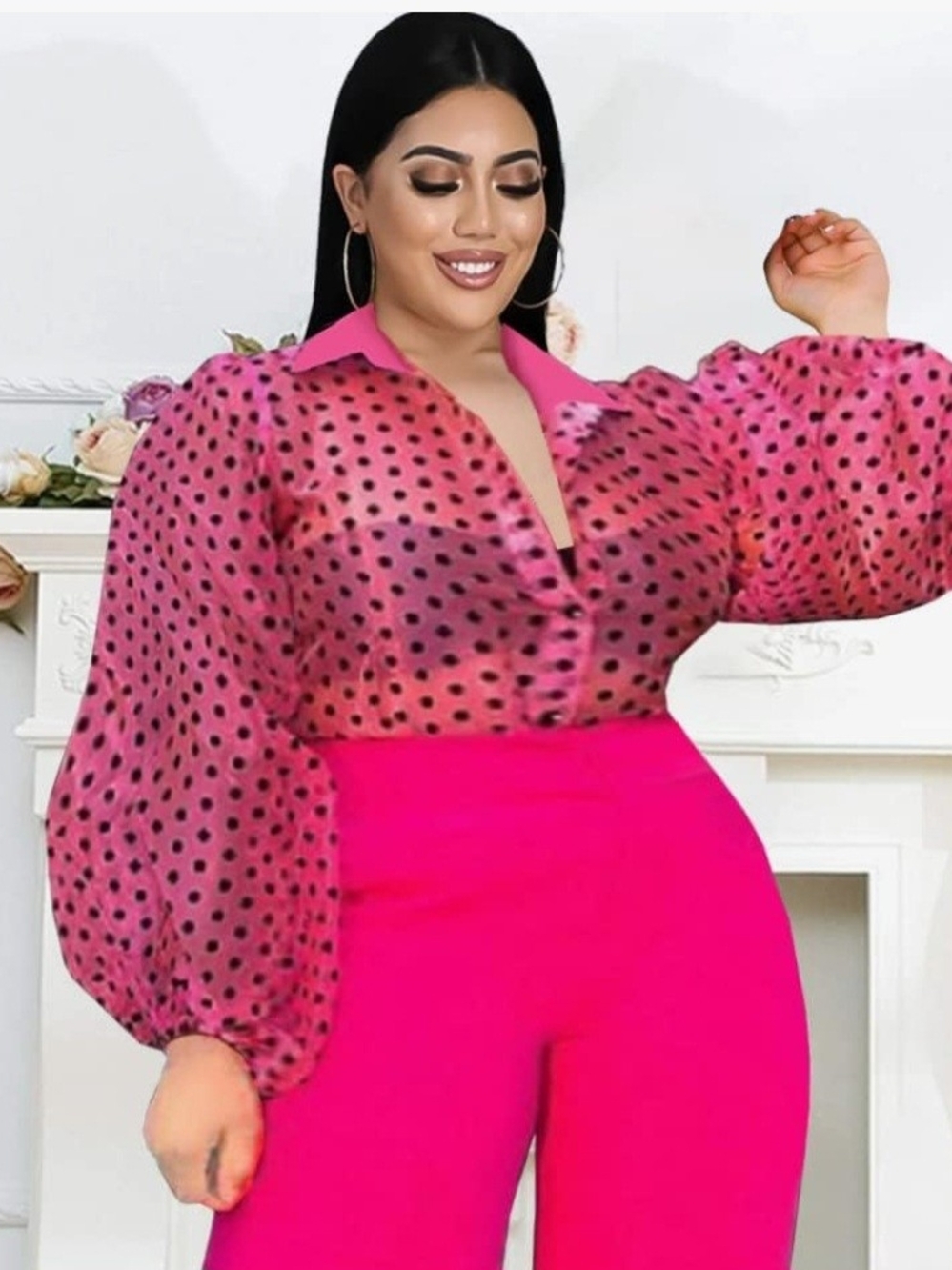 Sheer Pink Polka Dot Blouse - Women's Collared Top